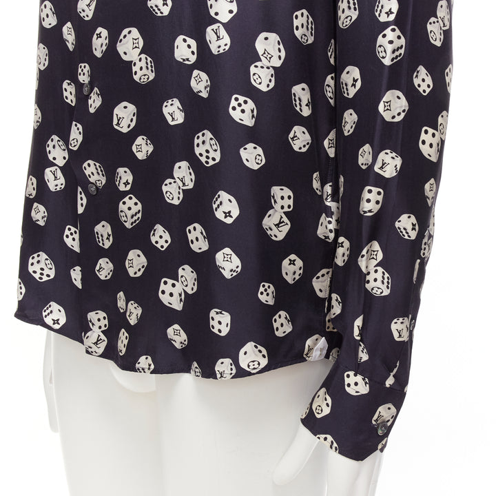 LOUIS VUITTON navy cream 100% silk LV logo dice print regular fit shirt M
