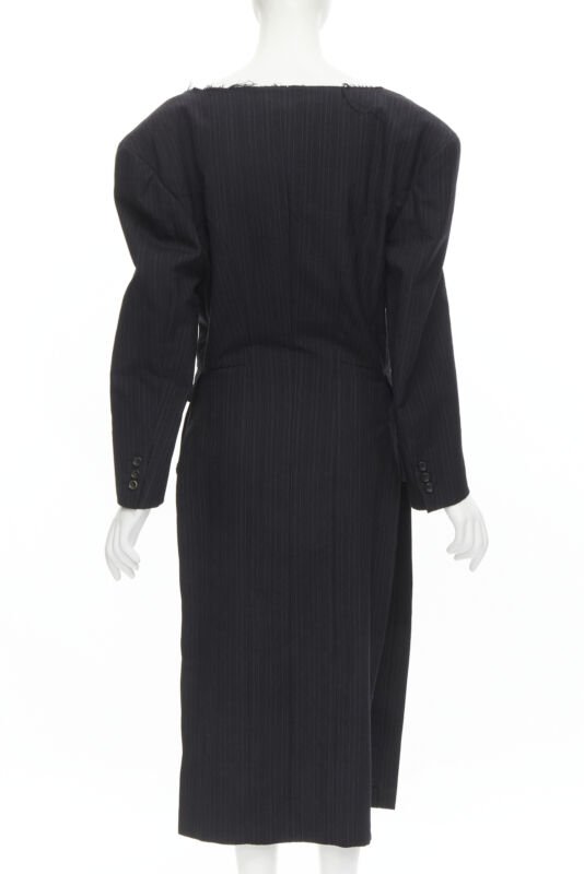 COMME DES GARCONS 1994 dark grey pinstripe frayed cut collar boxy coat M