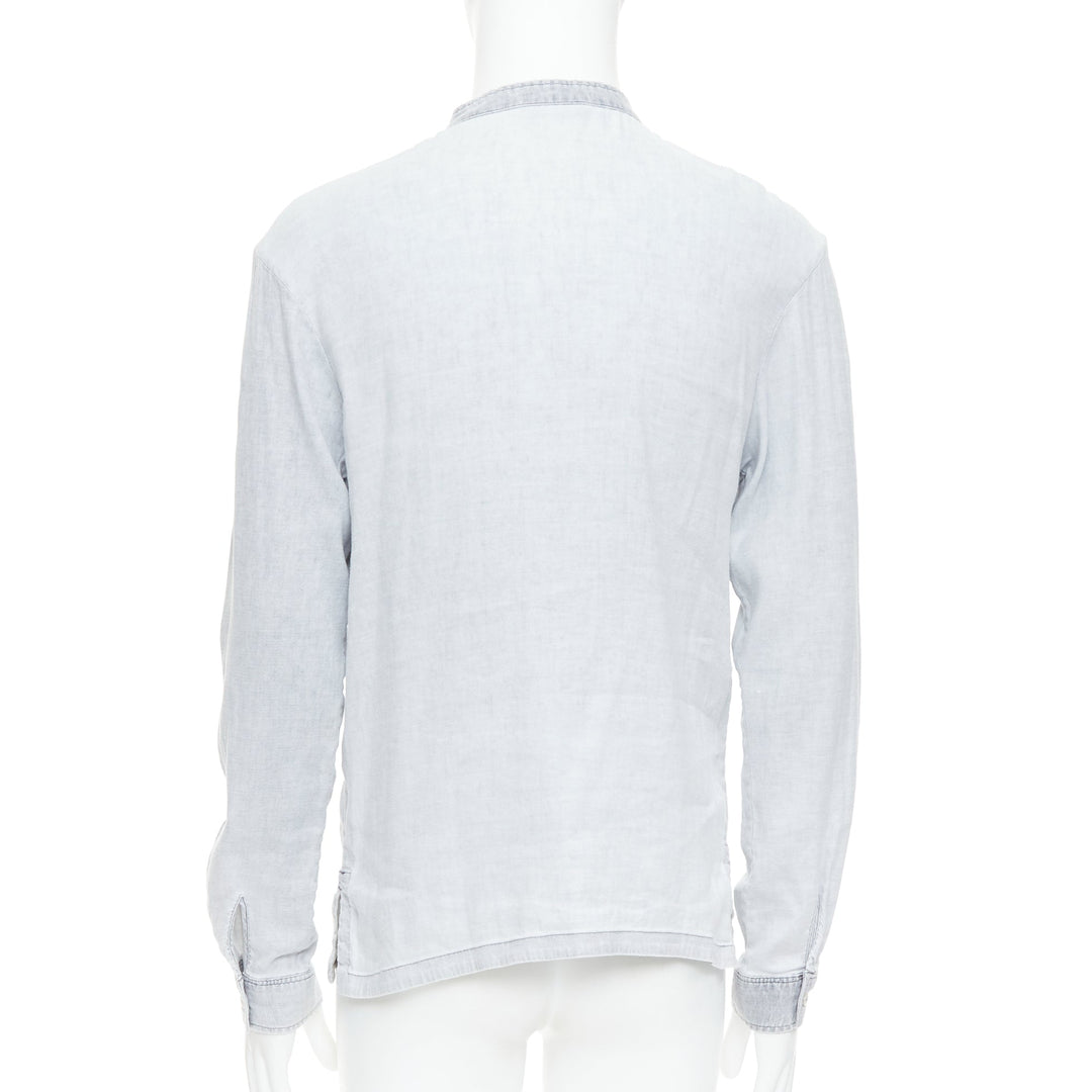 A.P.C. grey linen blend washed distressed slit collar long sleeve shirt S