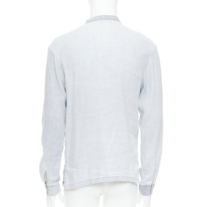 A.P.C. grey linen blend washed distressed slit collar long sleeve shirt S