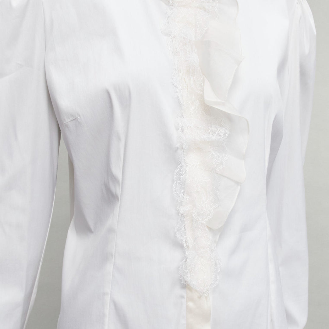DOLCE GABBANA ivory lace ruffle collar long sleeve fitted dress shirt IT46 XL