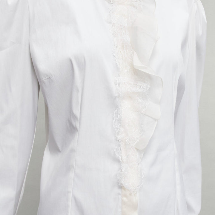 DOLCE GABBANA ivory lace ruffle collar long sleeve fitted dress shirt IT46 XL