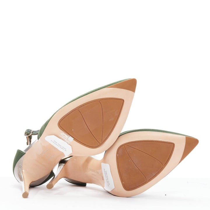 RUPERT SANDERSON Nanda green satin d'orsay silver heel pointy pumps EU36