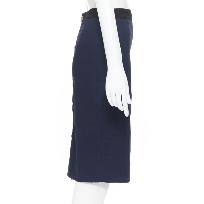 LANVIN ALBER ELBAZ 2014 navy blue linen blend exposed zip pencil skirt FR34 26"