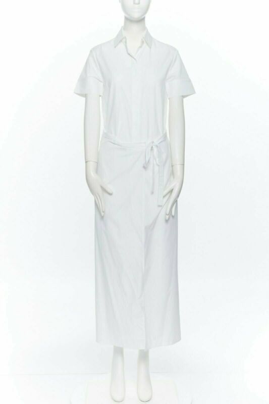 ROSETTA GETTY white cotton maxi long shirt dress apron fold minimal tie US0 XS