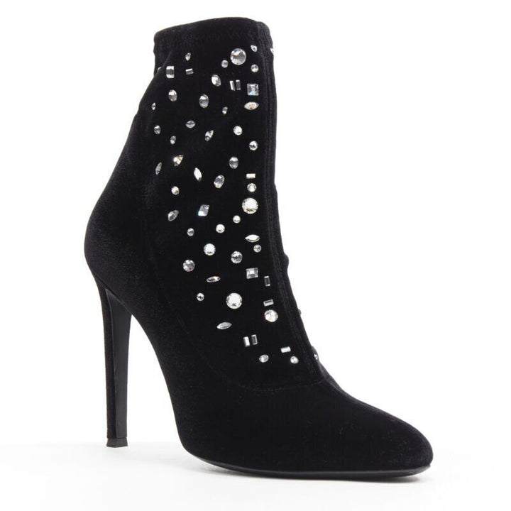 GIUSEPPE ZANOTTI black velvet crystal jewel embellished pull on sock bootie EU39