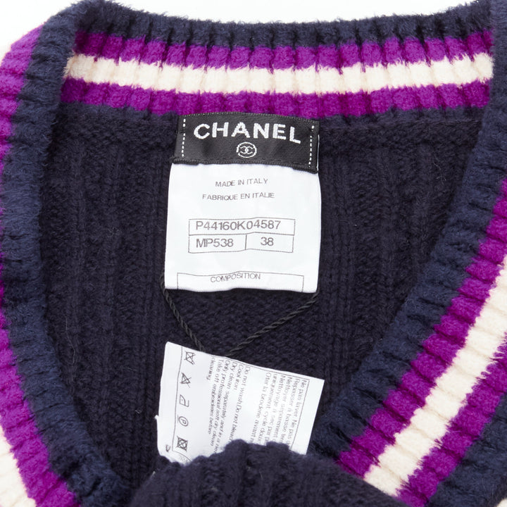 CHANEL cashmere blend navy purple embroidered badge schoolboy sweater FR38 M