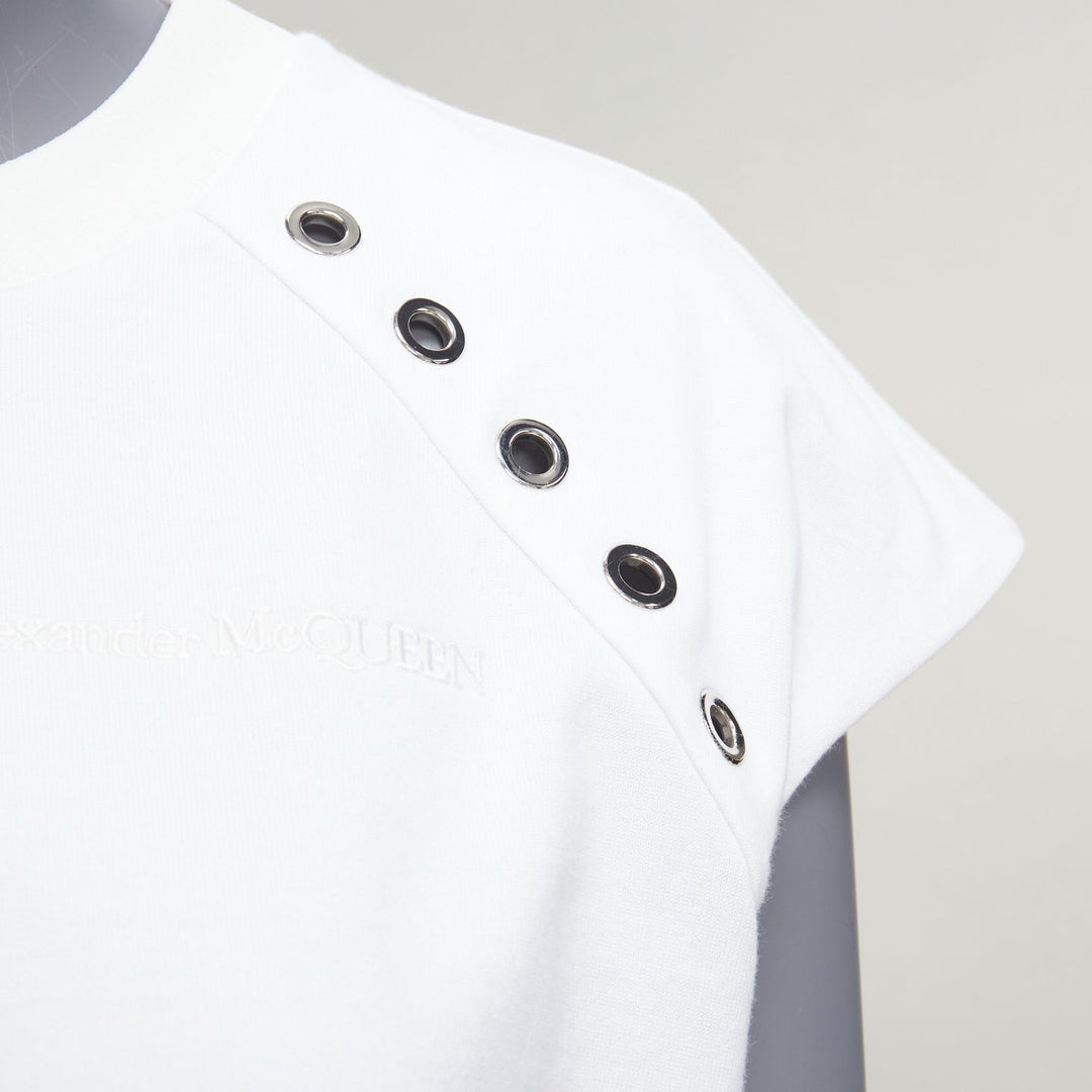 ALEXANDER MCQUEEN white cotton eyelet detail  studded cap sleeve top  IT38 XS