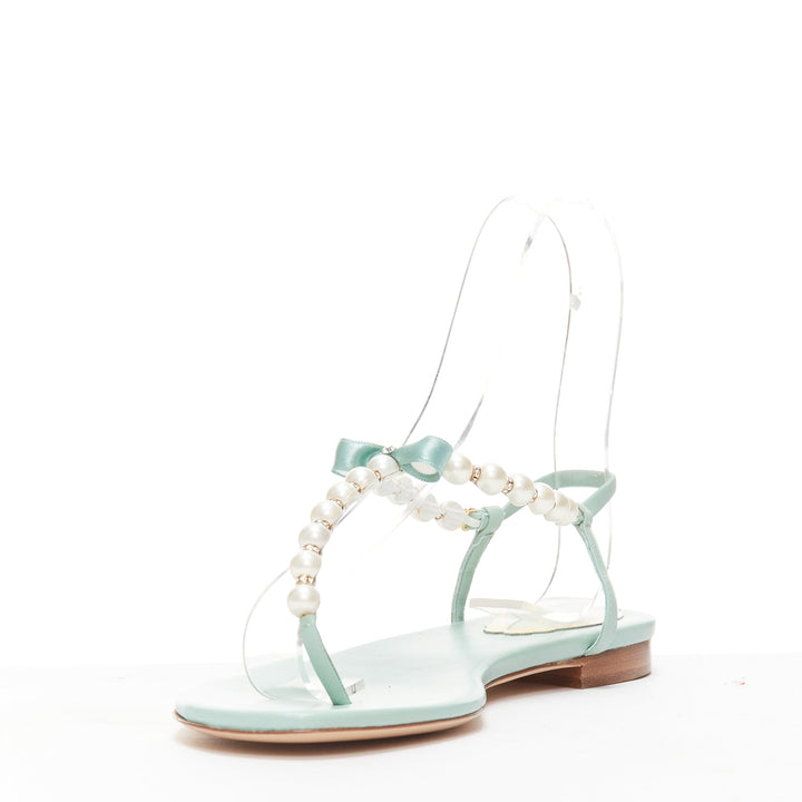 RENE CAOVILLA teal leather bow crystal pearl tstrap flat sandals EU37
