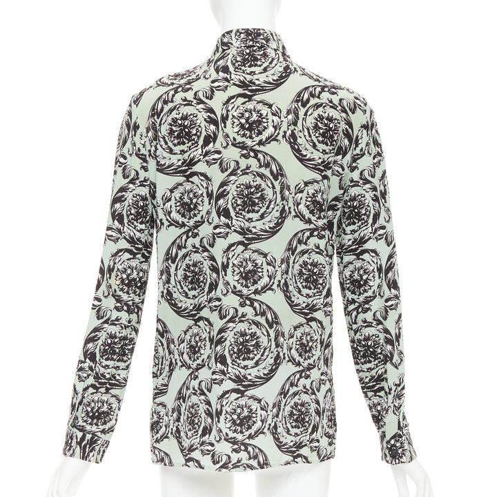 VERSACE 100% silk green black baroque floral print button up shirt IT38 XS