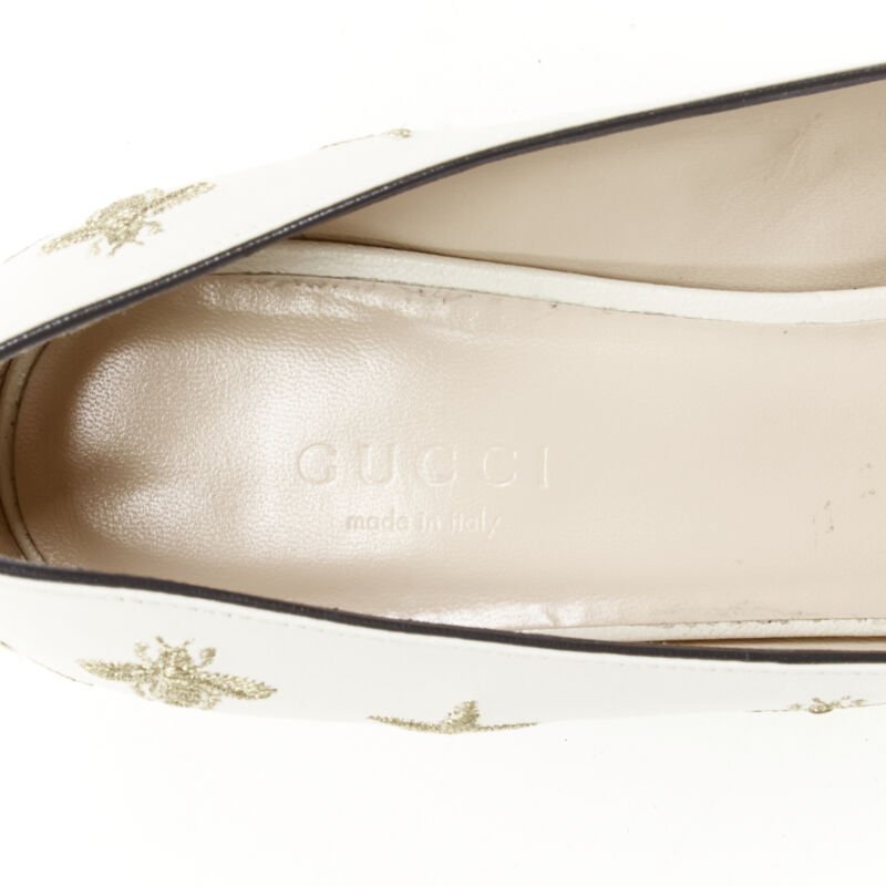 GUCCI Marmont Bee Star white gold embroidery fringe block loafer pump EU36.5