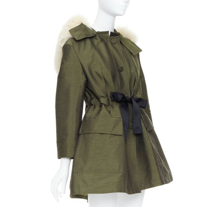 DIOR military green pocketed cream fur hood belted anorak coat FR34 XS