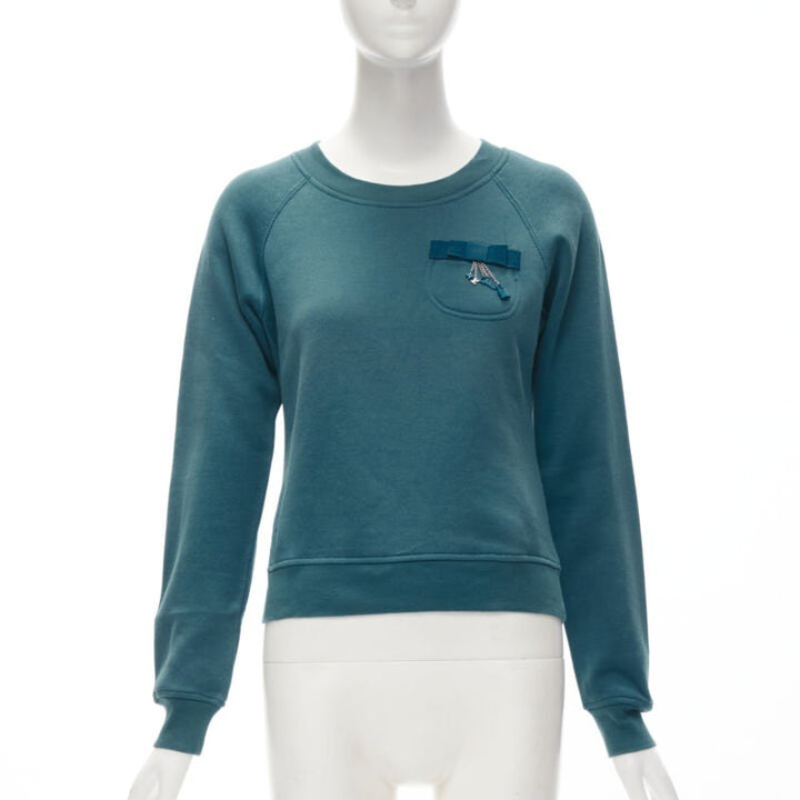 LOUIS VUITTON teal blue bow lock charm patch pocket cotton fleece sweater S
