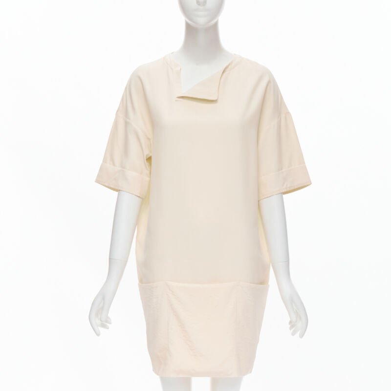 THE ROW ivory cream triple pocket asymmetric collar boxy silk dress US0 XS