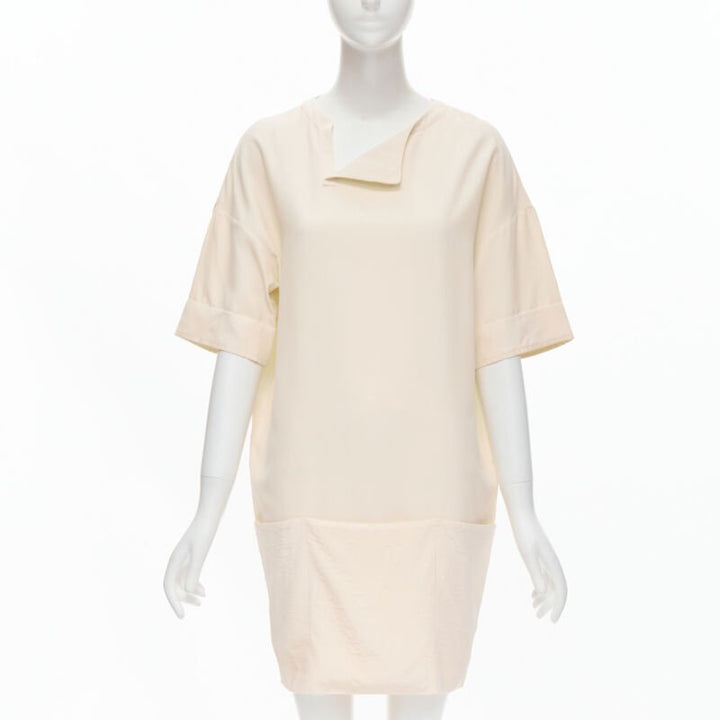THE ROW ivory cream triple pocket asymmetric collar boxy silk dress US0 XS