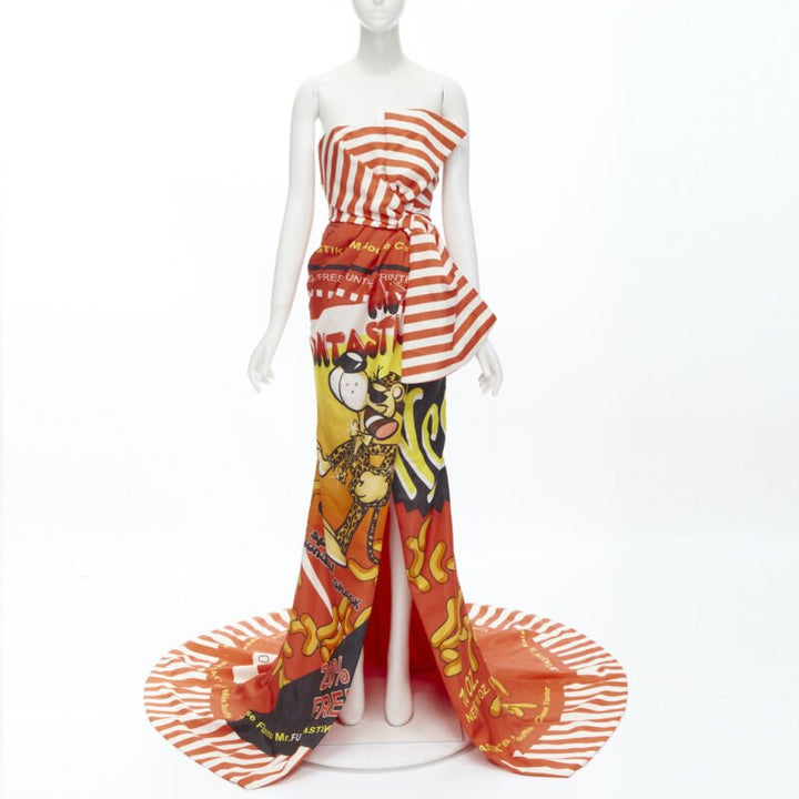 rare MOSCHINO Couture! 2014 Runway orange Cheetos Junk Food bow gown IT38 XS