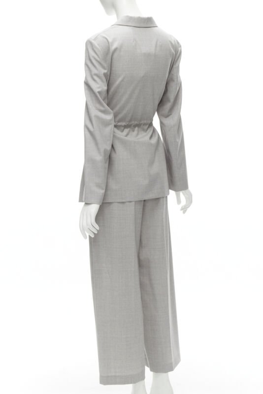 THEORY Drape wool grey drawstring cinched waist blazer wide leg pants set US6 S