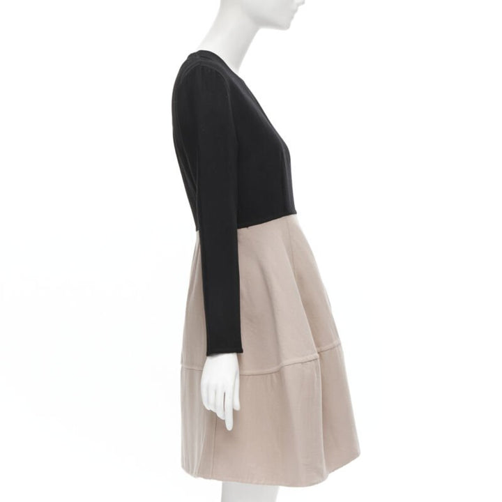MARNI black nude wool crepe long sleeve bubble skirt fit flared dress IT38 XS