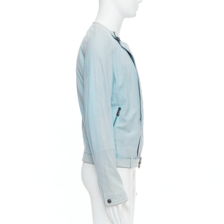 BOTTEGA VENETA light blue soft leather off centre biker jacket IT50 L