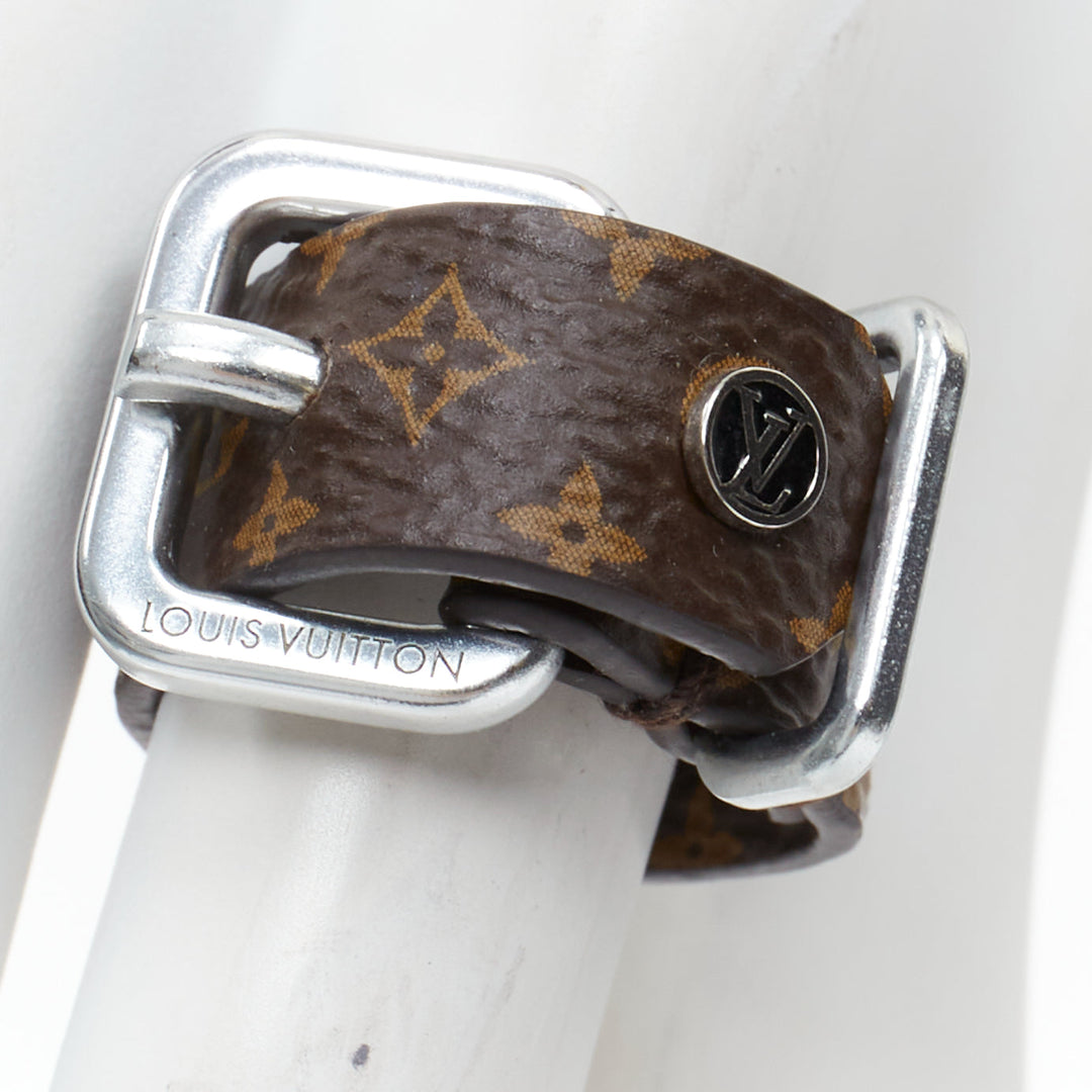 LOUIS VUITTON brown LV monogram canvas silver buckle ring