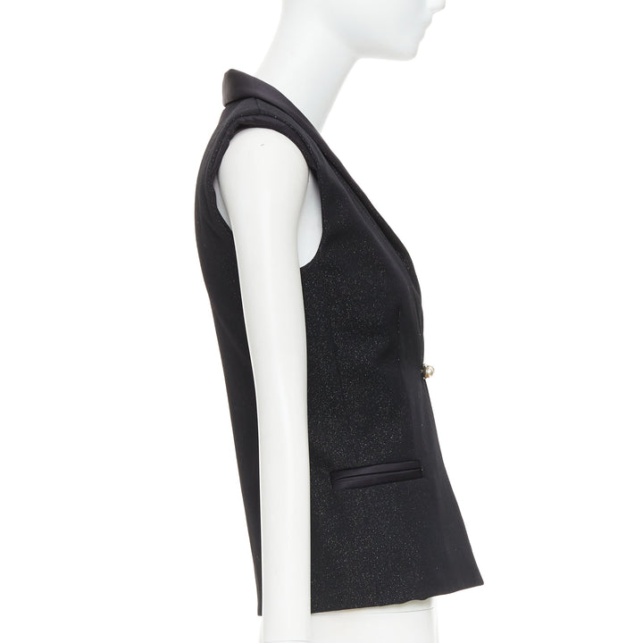 CHANEL black wool lurex pearl crystal button satin shawl collar vest FR36 S