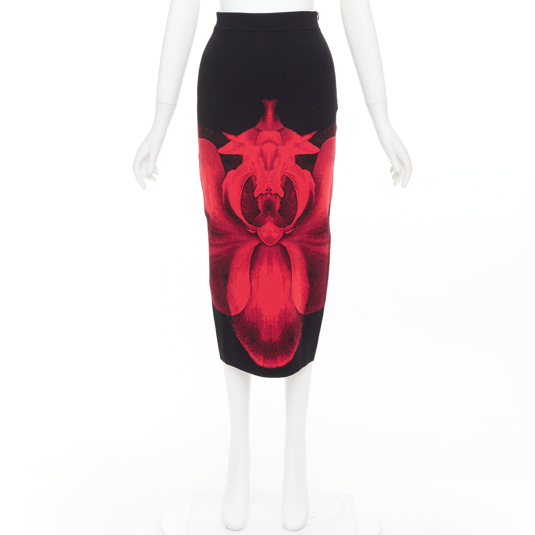 ALEXANDER MCQUEEN 2023 Ethereal Orchid black red floral jacquard pencil skirt S
