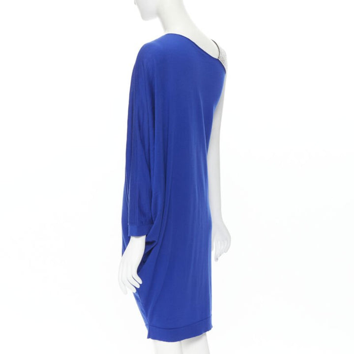 BALMAIN blue wool crystal rhinestone embellished strap asymmetric dress FR36 S