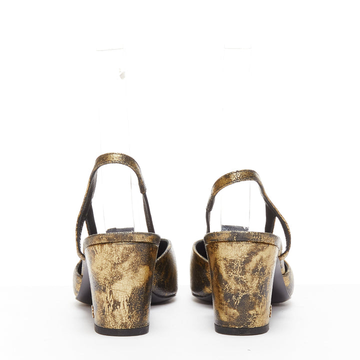 CHANEL gold black calfskinleather CC toe cap sling kitten pumps EU38