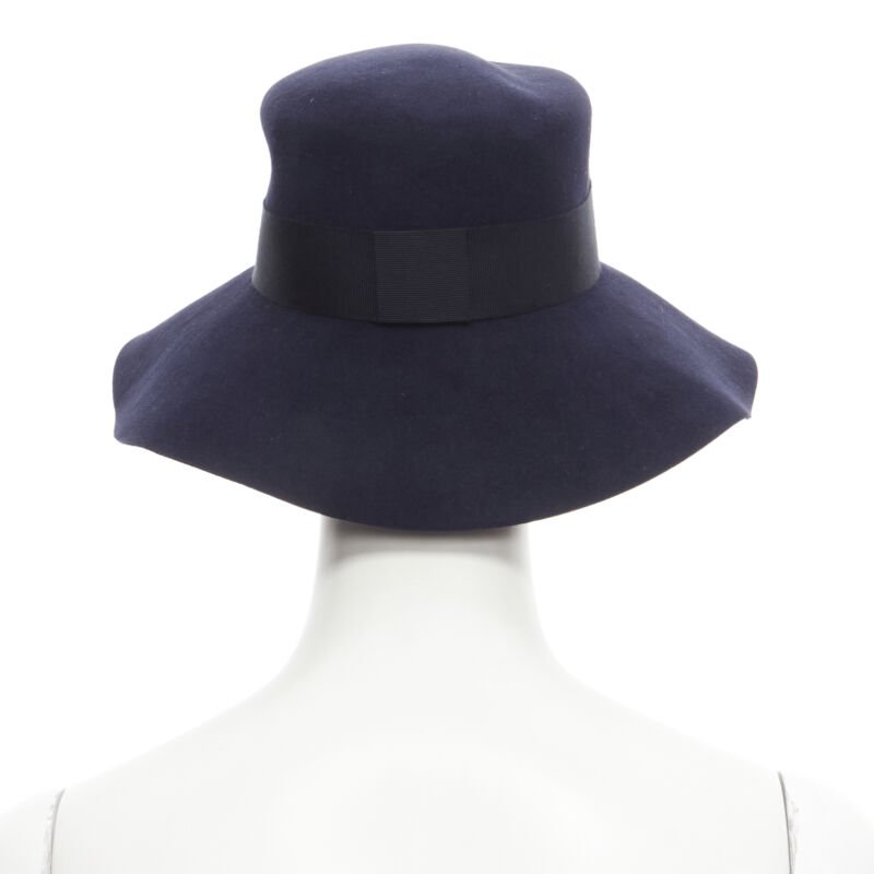 MAISON MICHEL navy blue black grosgrain M logo detail fedora hat S 56cm