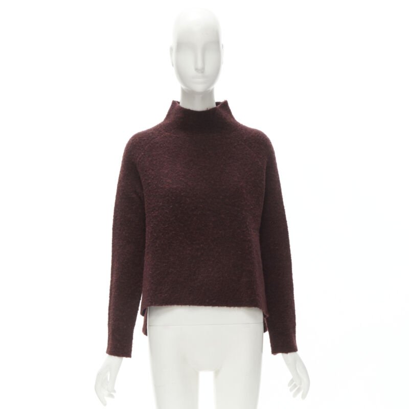 THEORY dark red wool blend fuzzy stand collar step hem sweater XS