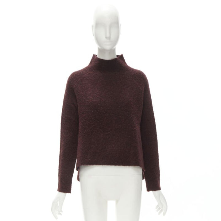 THEORY dark red wool blend fuzzy stand collar step hem sweater XS
