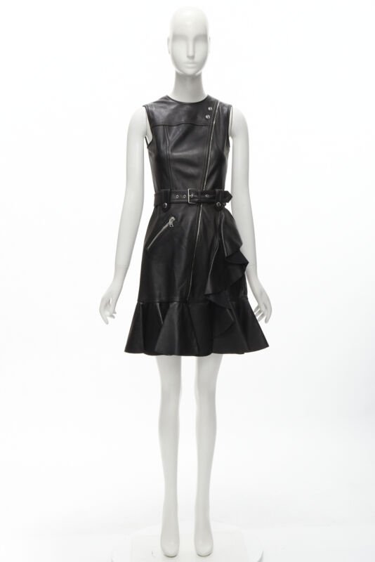 ALEXANDER MCQUEEN 2022 black leather biker belted ruffle trim dress IT38 XS