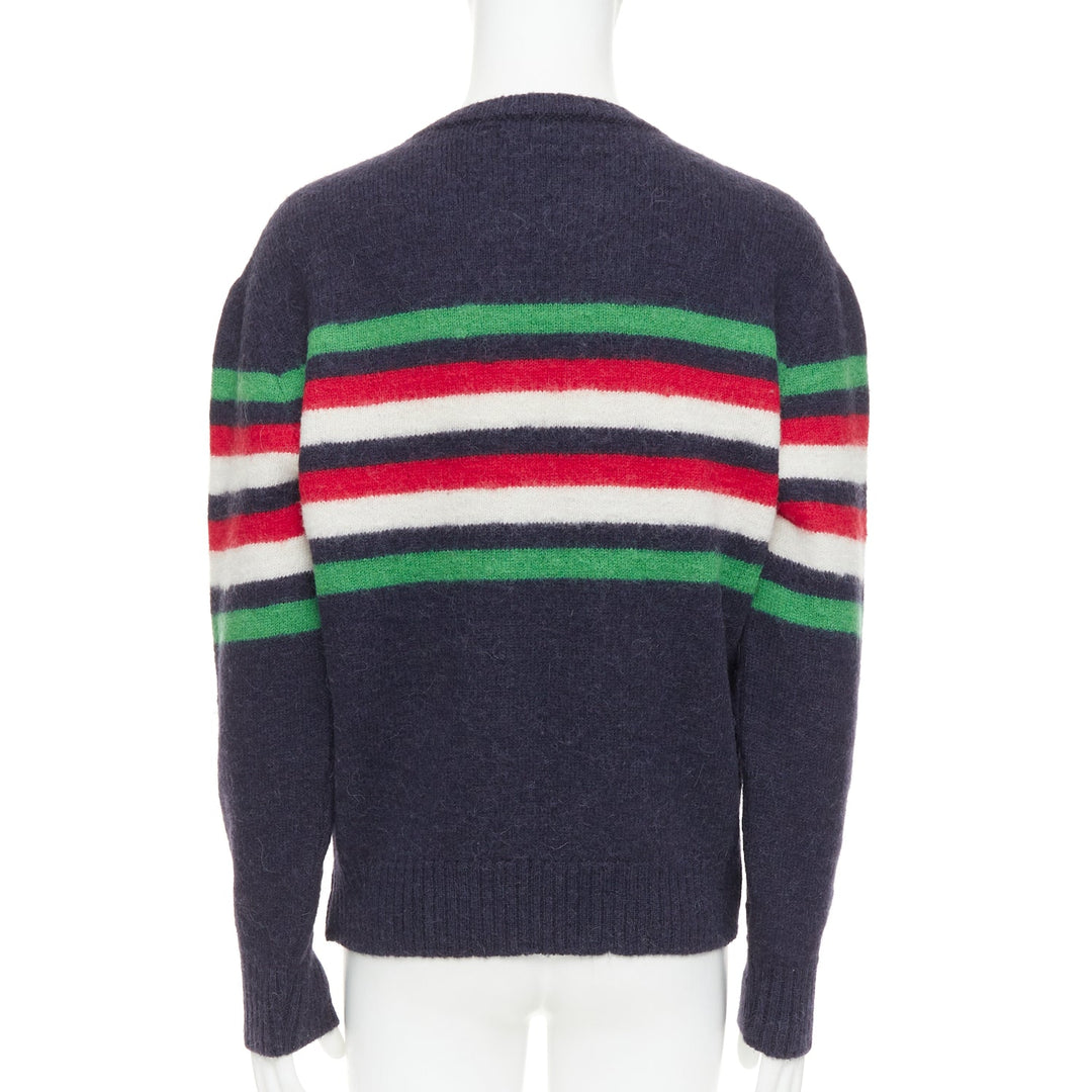 GUCCI navy green red striped embroidered logo crew sweater