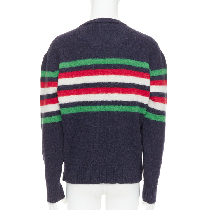 GUCCI navy green red striped embroidered logo crew sweater