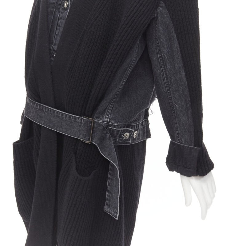 SACAI 2020 black reconstructed washed denim ribbed cardigan coat JP3 L