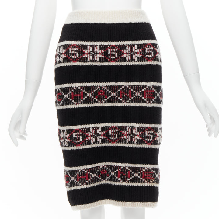 CHANEL Number 5 red black white CC logo fair isle intarsia skirt FR34 XS