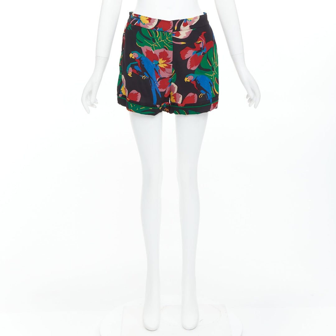 VALENTINO Hawaiian Couure 100% silk crepe parrot floral print high shorts S