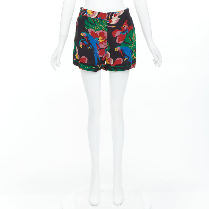 VALENTINO Hawaiian Couure 100% silk crepe parrot floral print high shorts S