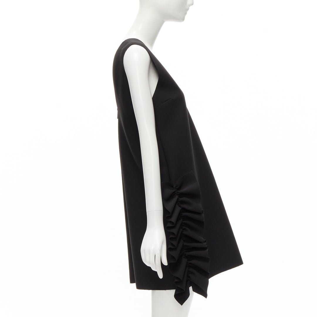 MSGM black structured ruffles V neck logo zip mini dress IT40 S