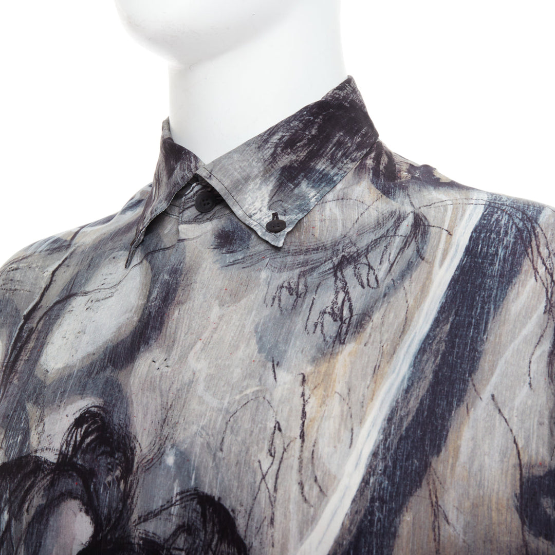 YOHJI YAMAMOTO 100% silk grey beige abstract print relaxed shirt JP2 M