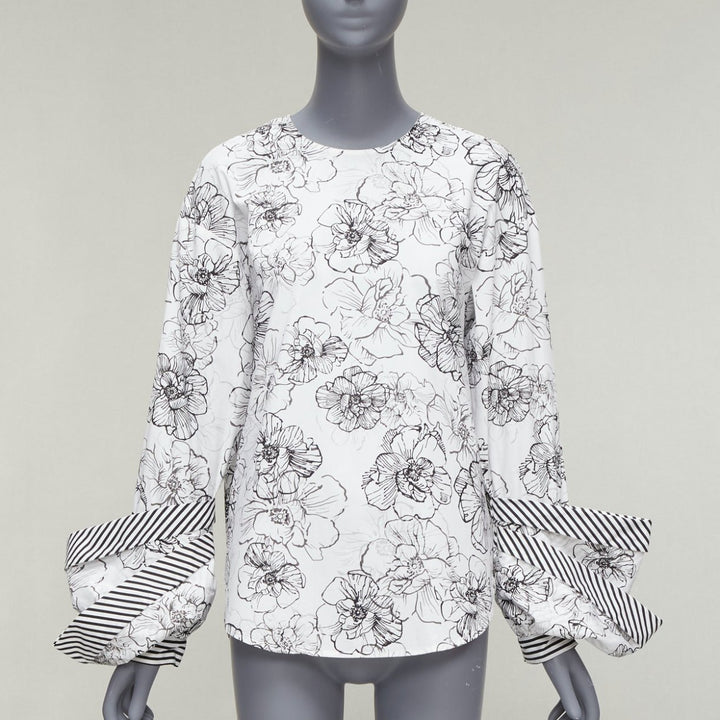 SILVIA TCHERASSI Jessica white floral print tiered cuff crew neck top S