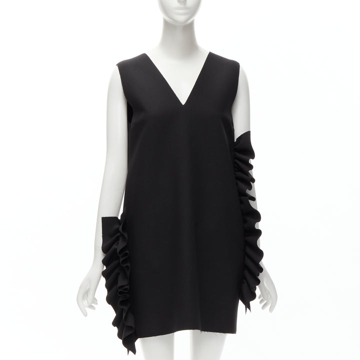 MSGM black structured ruffles V neck logo zip mini dress IT40 S