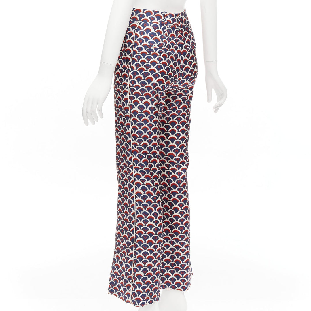 VALENTINO 100% silk  scallop print logo print navy red flared pants IT36 XXS