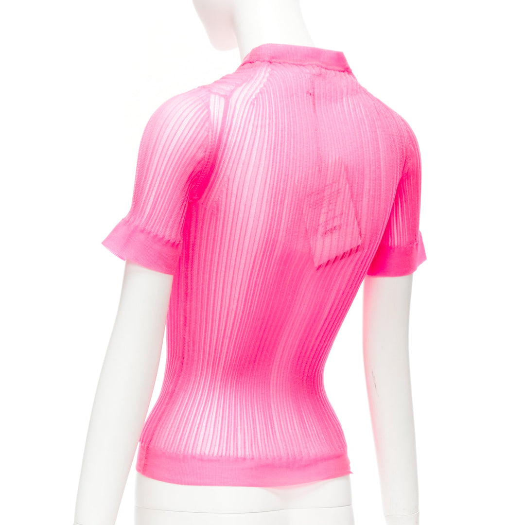 CECILIE BAHNSEN Fabienne neon pink ribber sheer crew flare sleeve top XS