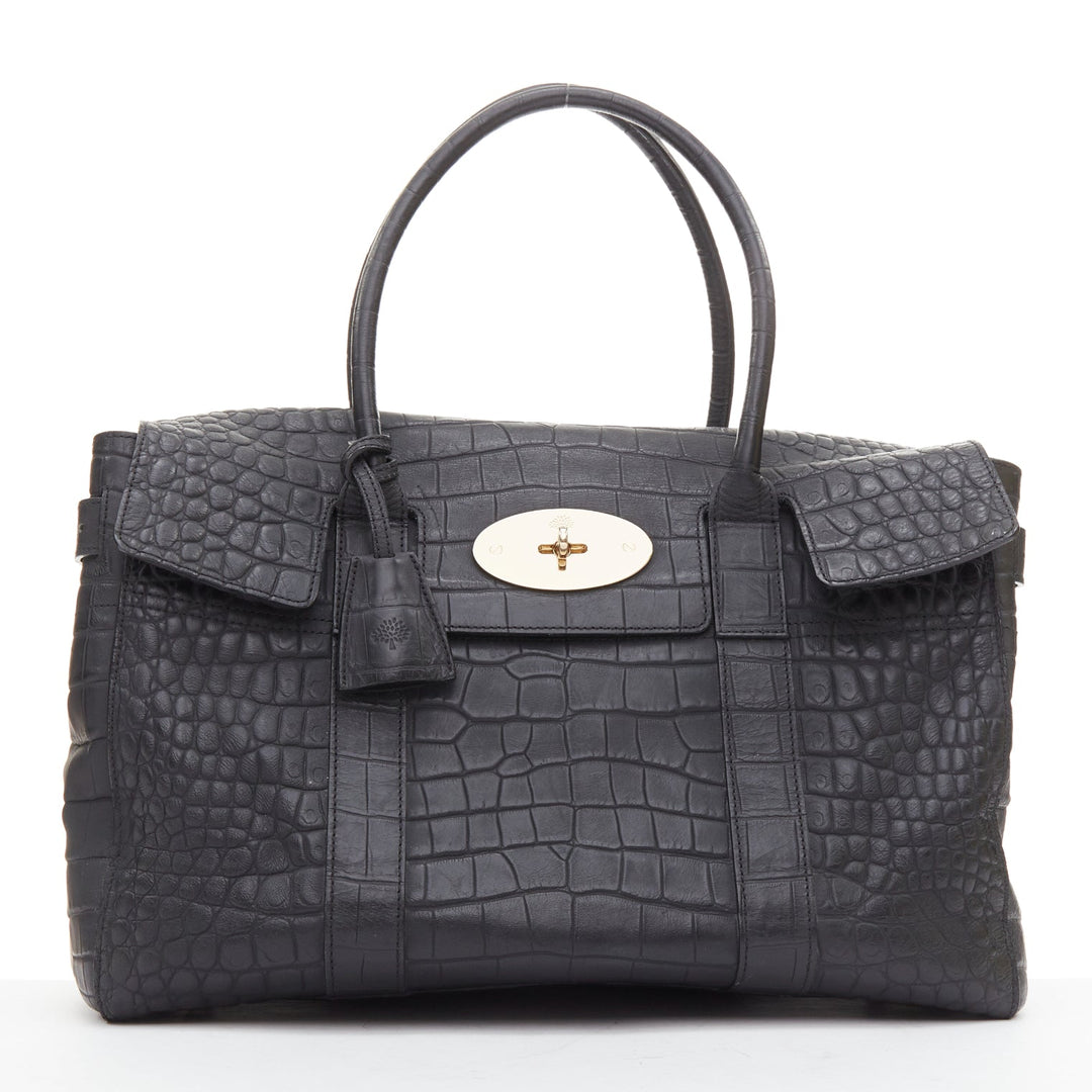 MULBERRY Bayswater black embossed croc leather print satchel tote bag