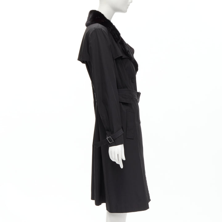 FENDI black fur collar topstitch detail silk belted trench coat jacket IT44 L