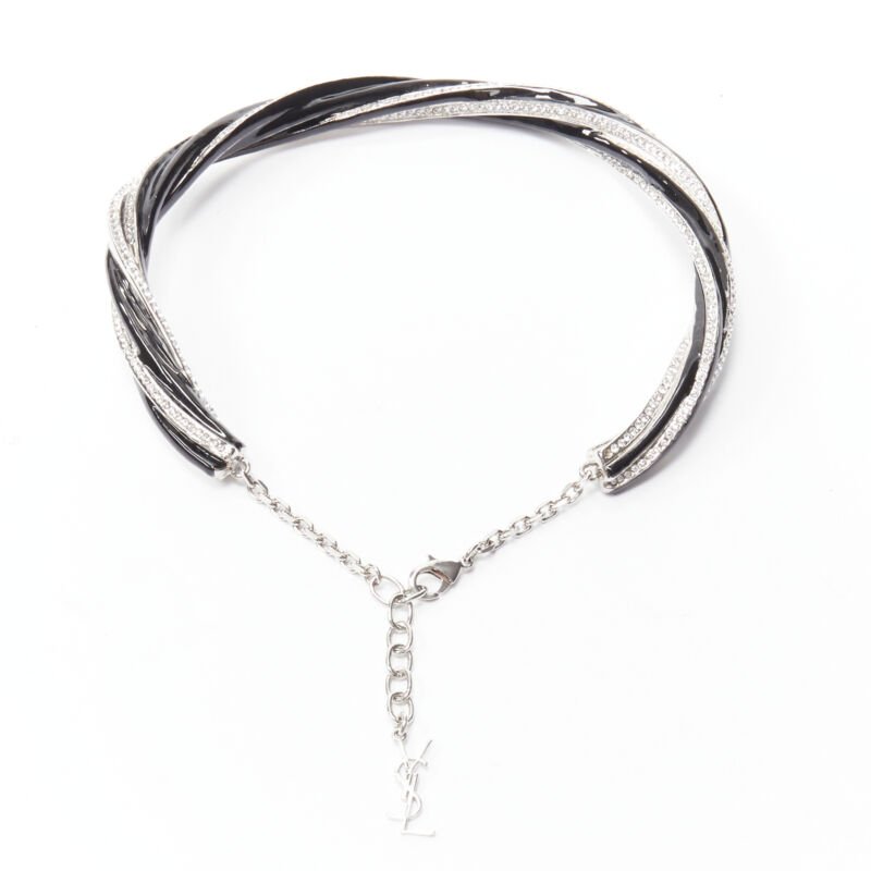 rare SAINT LAURENT Hedi Slimane crystal black twist YSL charm choker necklace