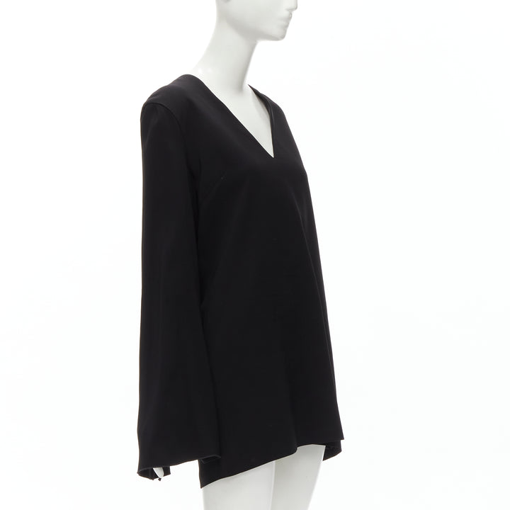 DION LEE black satin cape sleeve minimal V neck boxy short dress AUS10 M