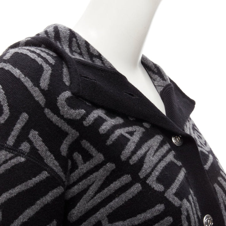 CHANEL 2021 98% cashmere black grey all over logo intarsia CC cardigan FR36 S