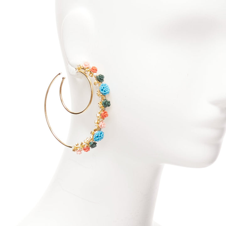 MERCEDES SALAZAR multicolour resin flower embellished moon hoop pin earrings